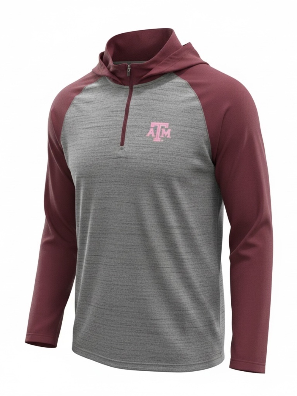 Maroon and Gray Quarter-Zip Hoodie with Pink Logo